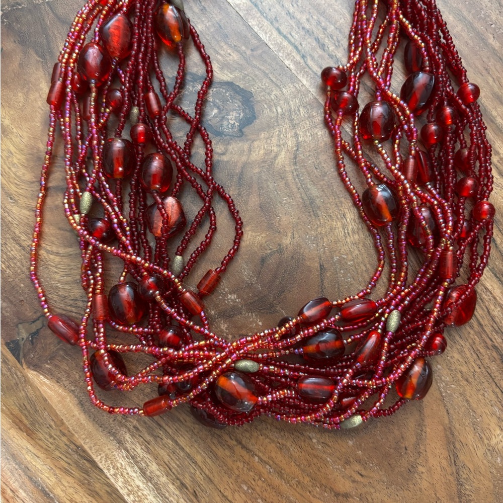 Vintage Brass Red Glass Multi-Strand Glass Bead Necklace
